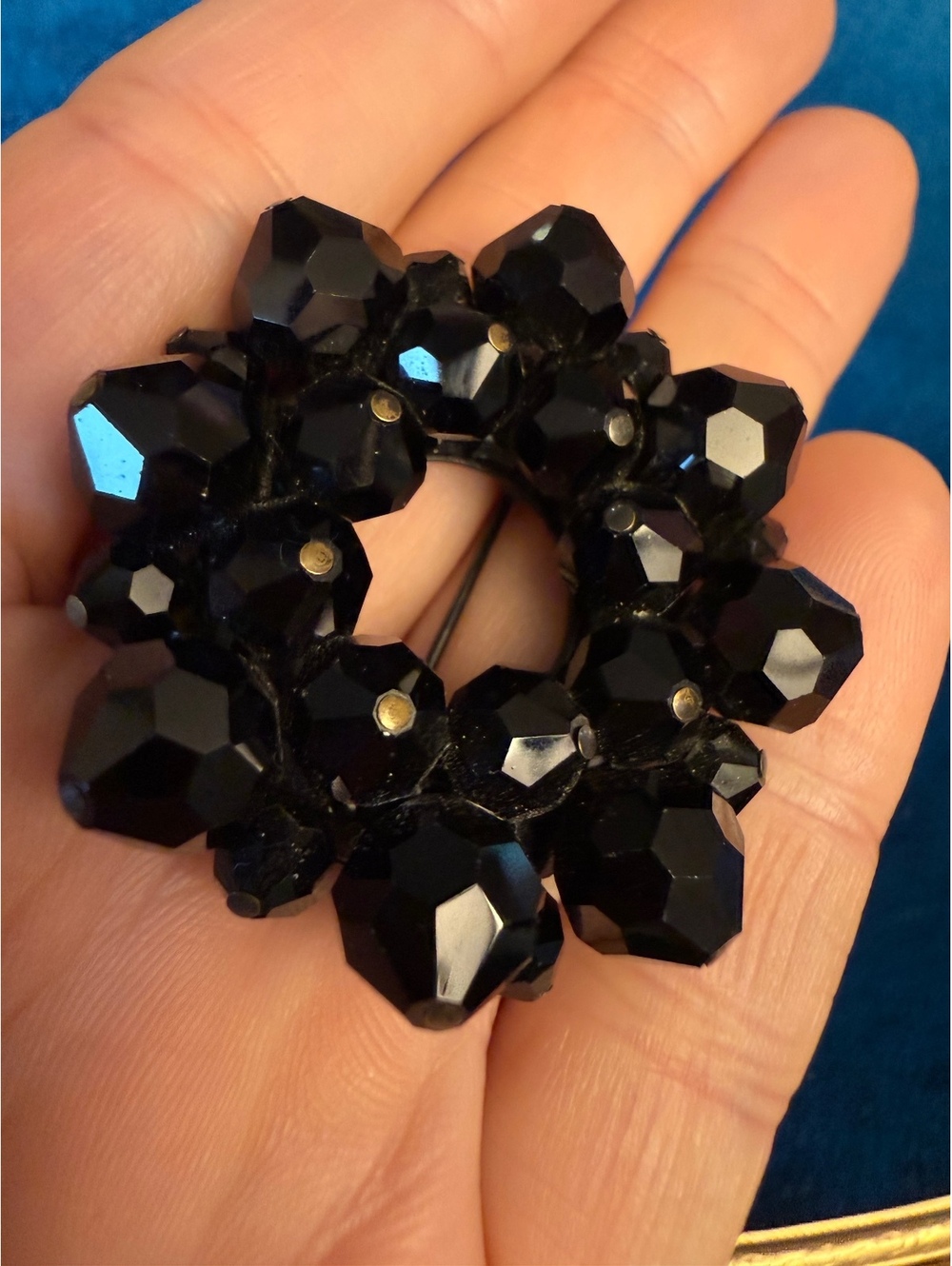 Vintage Black Faceted Glass Bead Cluster Brooch Mid Century Statement Pin